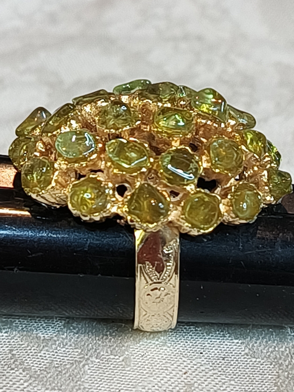 Vintage Costume Golden Cluster Cocktail Ring  Olive Green Glass Gems Glows UV